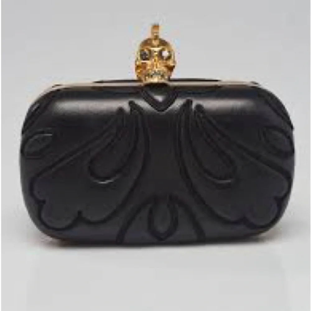 Alexander McQueen Black Leather Skull Box Clutch Bag.